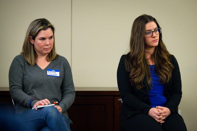 Eugene City Council Ward 7 candidates Barbie Walker and Lyndsie Leech listen to a question during a candidate forum held by the City Club of Eugene on Friday, March 24, 2023.